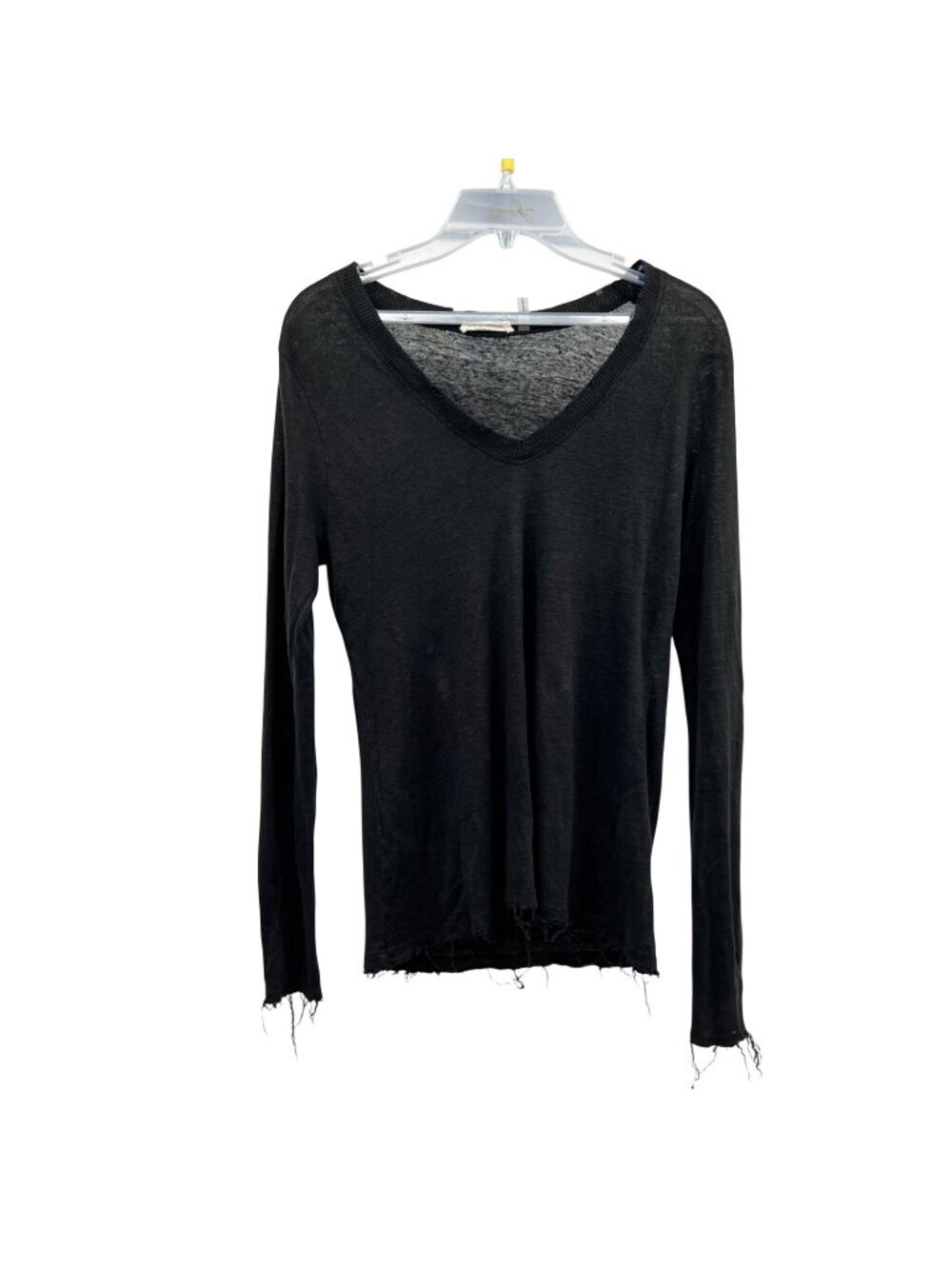 ELAN Womens Sheer Pullover Top Distressed V-Neck Black Size Small